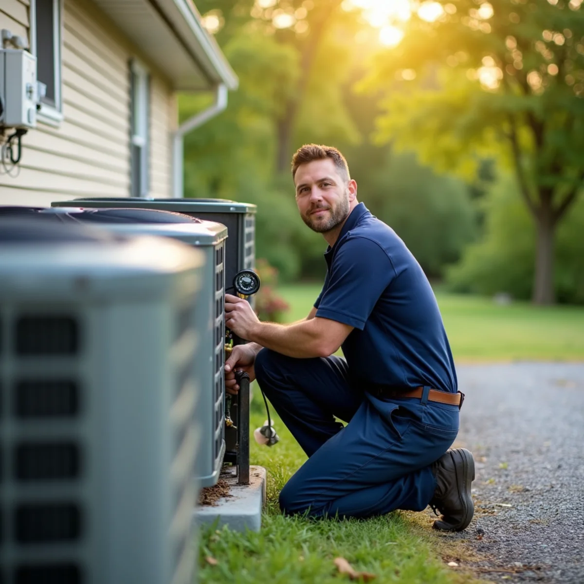 HVAC technician servicing an air conditioner at a Somerset, Kentucky home